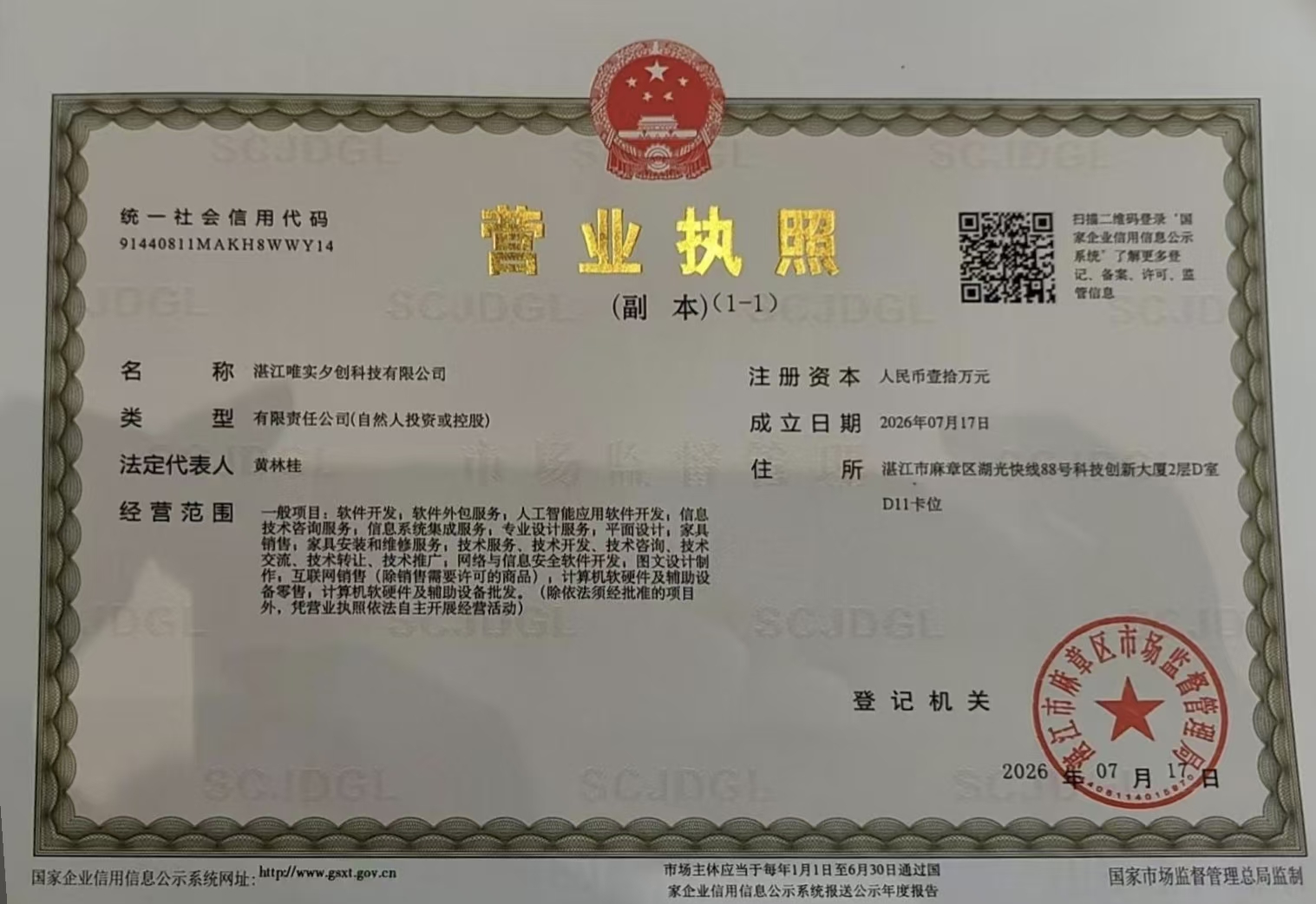 湛江唯实夕创科技有限公司营业执照